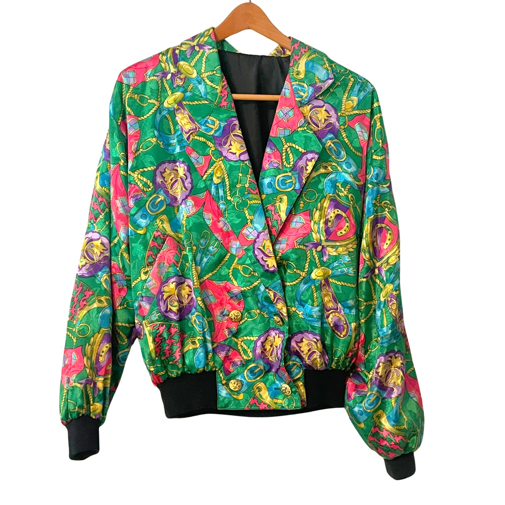 90s Rainbow Collection Bomber Jacket Sz L Silky Colorful Green Baroque Print